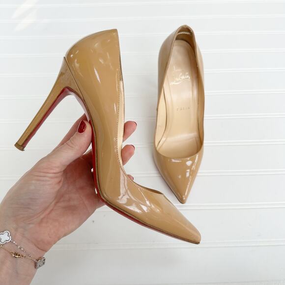 Christian Louboutin Tan Patent Leather Pointed Toe Pumps Nude Size 37 Heels - Picture 5 of 13